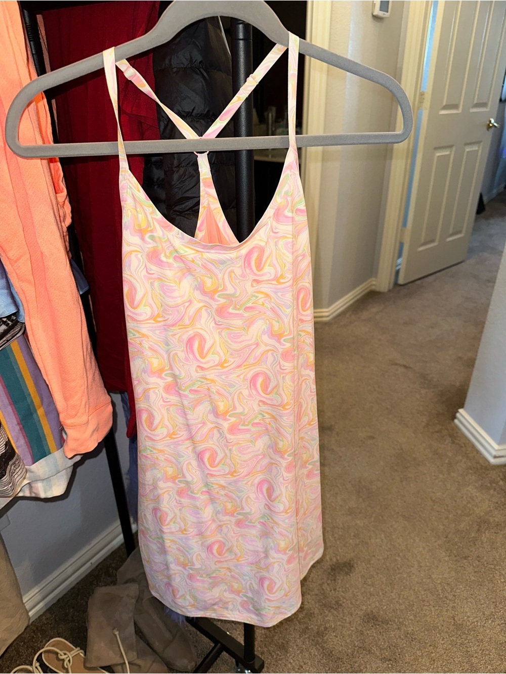 Outdoor Voices Pastel Swirl Slip Dress - Pink & Yellow Marble Print